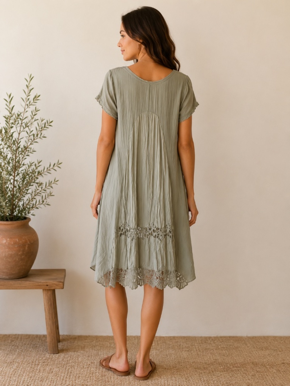 Nicole Italy 100% Silk Floral Crochet Lace Hem Shift Dress Size Medium Boho